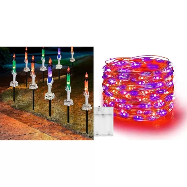 Dazzle Bright Dazzle Bright 2 Pack 394FT 120LED Purple ampamp Orange Waterproof Solar Halloween Fairy Lights with 8 Modes  5 Pack Lighted Battery Operated Skeleton Hands Hold Candle with Stakes