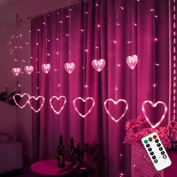 Dazzle Bright Valentines Day Lights 138LED 9FT 12Heart Curtain String Lights with Remote 8 Modes USB Power Galentines Decorations for Indoor Window Outdoor Wedding Party Decor PinkPink