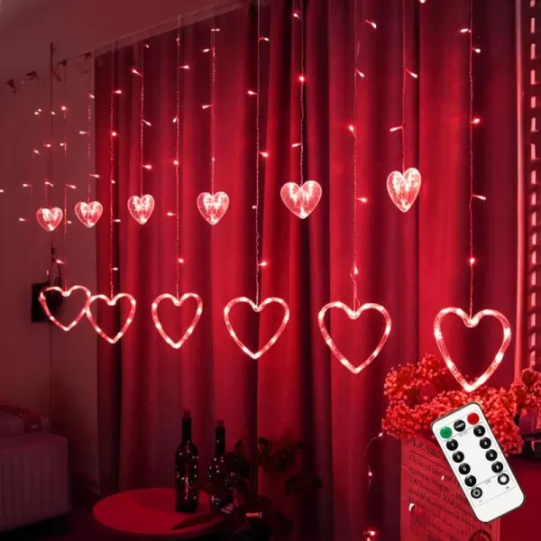 Dazzle Bright Valentines Day Lights 138LED 9FT 12Heart Curtain String Lights with Remote 8 Modes USB Power Galentines Decorations for Indoor Window Outdoor Wedding Party Decor PinkRed