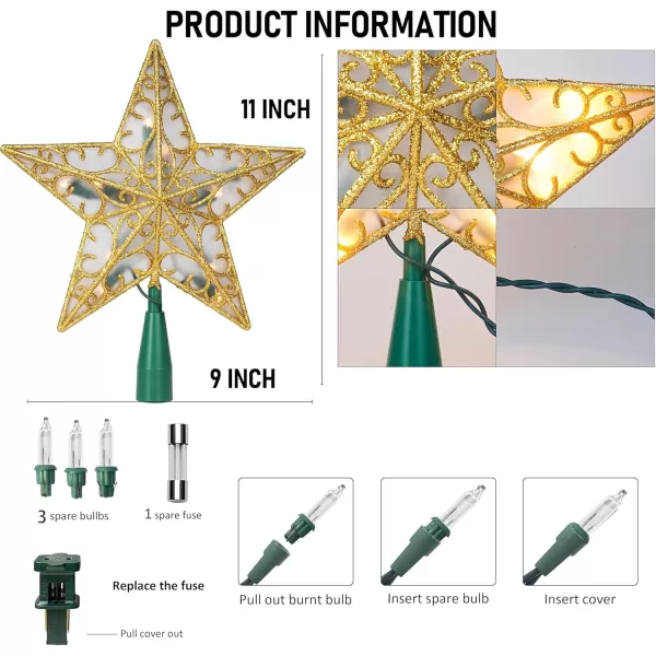 Dazzle Bright 11 Inch Star Tree Topper Lighted Glitter Christmas Treetop with 10 Lights Christmas Decorations for Xmas Tree Home Bar Shop Christmas Decor GoldGold