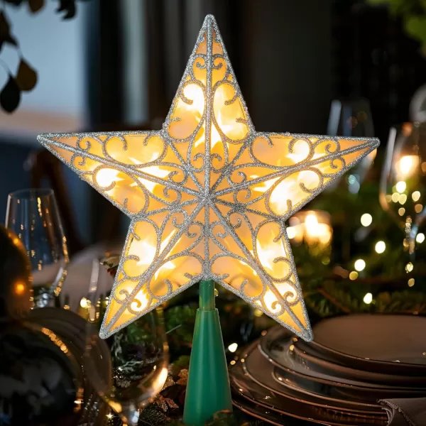 Dazzle Bright 11 Inch Star Tree Topper Lighted Glitter Christmas Treetop with 10 Lights Christmas Decorations for Xmas Tree Home Bar Shop Christmas Decor GoldSilver