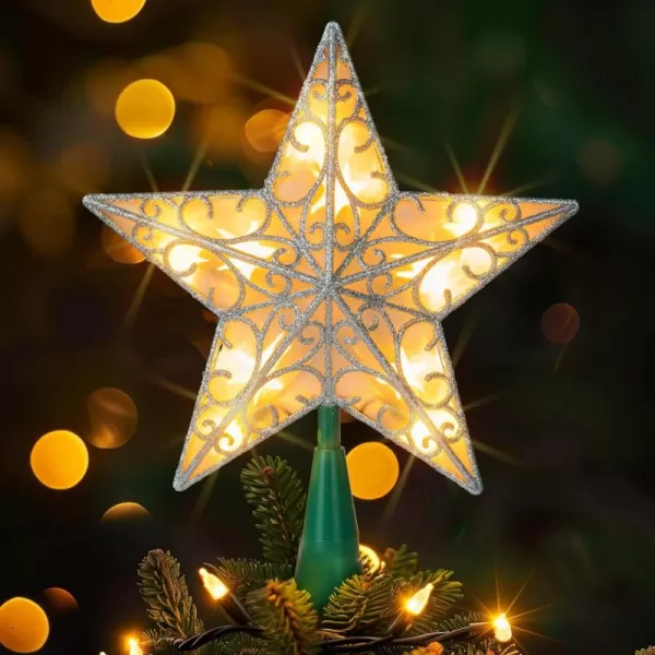 Dazzle Bright 11 Inch Star Tree Topper Lighted Glitter Christmas Treetop with 10 Lights Christmas Decorations for Xmas Tree Home Bar Shop Christmas Decor GoldSilver