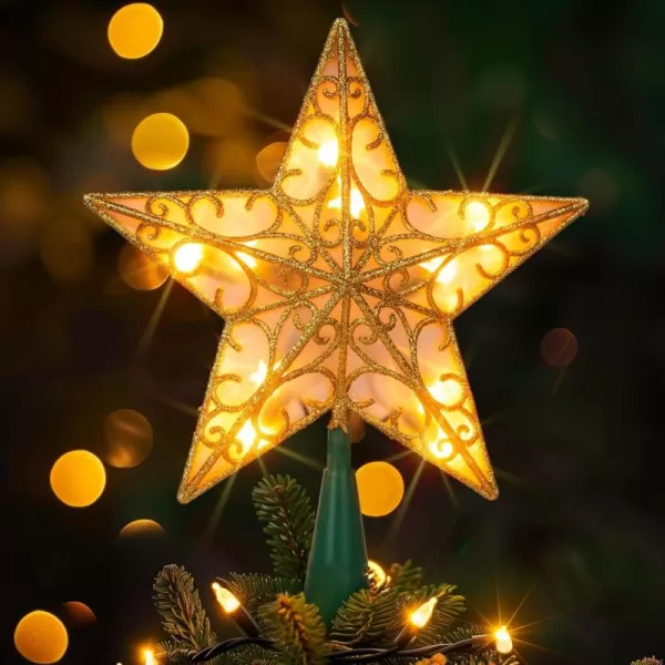 Dazzle Bright 11 Inch Star Tree Topper Lighted Glitter Christmas Treetop with 10 Lights Christmas Decorations for Xmas Tree Home Bar Shop Christmas Decor GoldGold