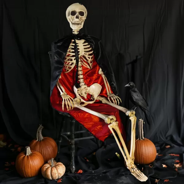 Dazzle Bright 55 FT Life Size Adjustable Skeleton with Black Cloak Realistic Human Bones Full Body with Posable Joints for Halloween Decor Front Yard Patio Lawn Garden