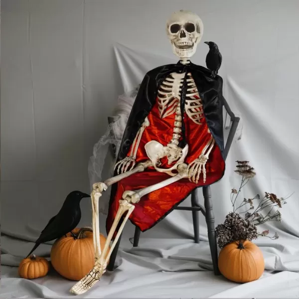 Dazzle Bright 55 FT Life Size Adjustable Skeleton with Black Cloak Realistic Human Bones Full Body with Posable Joints for Halloween Decor Front Yard Patio Lawn Garden