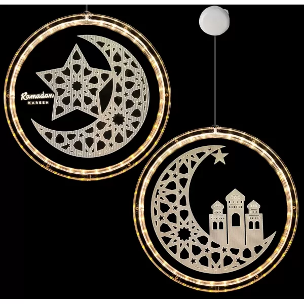 imageDazzle Bright 2 Pack Eid Ramadan Decorations Window Lights 8 Inch Battery Operated 3D Moon and Star Hanging Lights Islamic Muslim Style Decoration for Outdoor Indoor Bedroom Party Decor