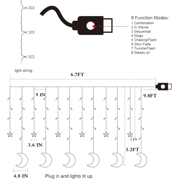 imageDazzle Bright Ramadan Curtain String Lights 138 LED 67ft x 32ft Warm White Star Moon 8 Lighting Modes Fairy Lights with Remote for Bedroom Wall Wedding Outdoor Party Ramadan Decorations