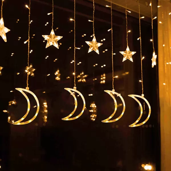 imageDazzle Bright Ramadan Curtain String Lights 138 LED 67ft x 32ft Warm White Star Moon 8 Lighting Modes Fairy Lights with Remote for Bedroom Wall Wedding Outdoor Party Ramadan Decorations