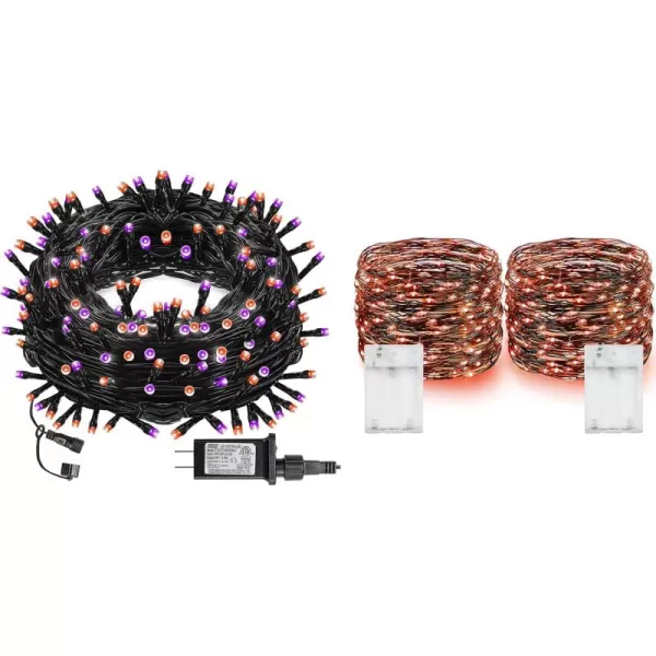 imageDazzle Bright 2 Pack 20 FT 60 LED Copper Wire Battery Operated Fairy Lights  300 LED 100FT Purple and Orange String Lights