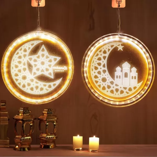 imageDazzle Bright 2 Pack Eid Ramadan Decorations Window Lights 8 Inch Battery Operated 3D Moon and Star Hanging Lights Islamic Muslim Style Decoration for Outdoor Indoor Bedroom Party Decor