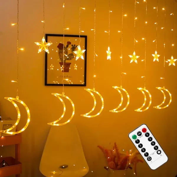 imageDazzle Bright Ramadan Curtain String Lights 138 LED 67ft x 32ft Warm White Star Moon 8 Lighting Modes Fairy Lights with Remote for Bedroom Wall Wedding Outdoor Party Ramadan Decorations