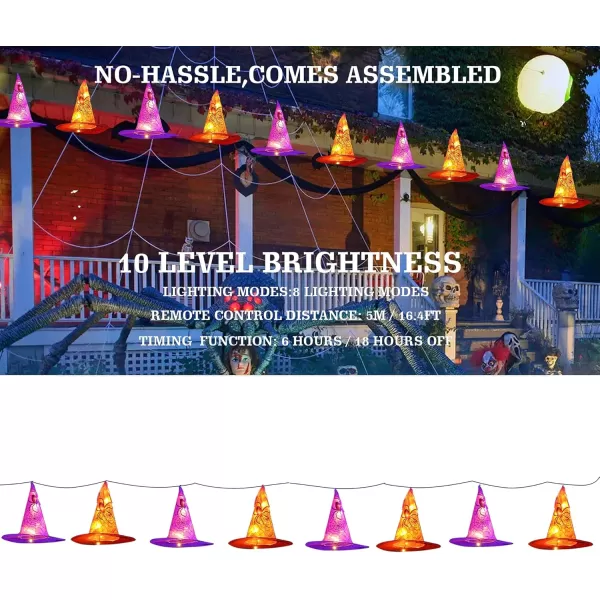 imageDAZZLE BRIGHT 8 Pcs Hanging Witch Hat String Lights Light Up Waterproof Halloween Decorations with Remote Control for Outdoor Garden Party Carnival Supplies Decor 2 Pack