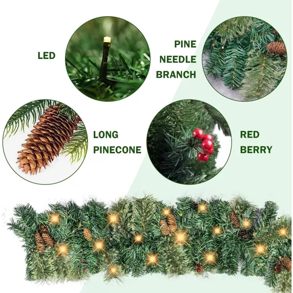 imageDazzle Bright 9 FT Artificial Christmas Garland Prelit with 50 LED Lights Pine Cones and Red Berries with 8 Modes Timer Battery Powered for Front Door Home Office Christmas Decorations