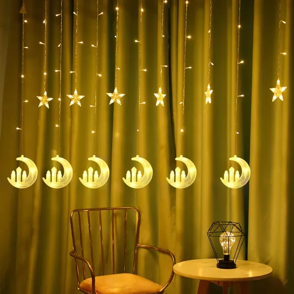 imageDazzle Bright Moon Star and Fairy Tale Castle String Lights 138 LED Muslim Curtain Fairy String Lights 8 Lighting Modes for Home Holiday Ramadan Christmas Wedding Party Xmas Eid DecorationsUSB