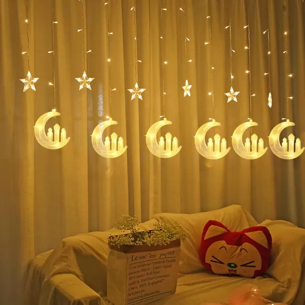 imageDazzle Bright Moon Star and Fairy Tale Castle String Lights 138 LED Muslim Curtain Fairy String Lights 8 Lighting Modes for Home Holiday Ramadan Christmas Wedding Party Xmas Eid DecorationsUSB