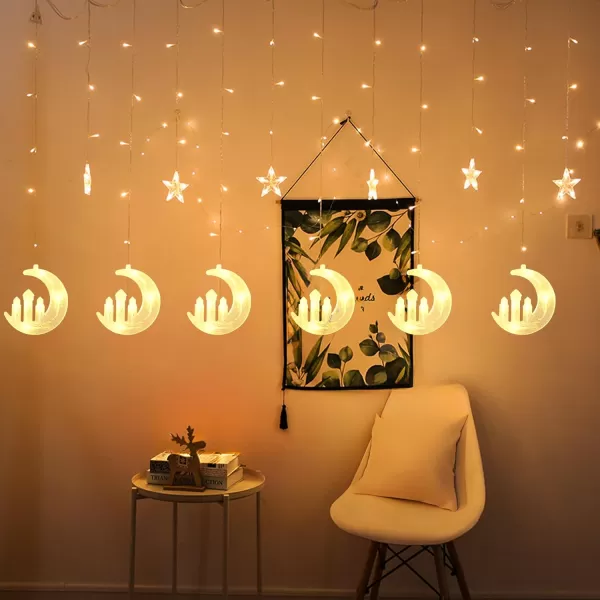 imageDazzle Bright Moon Star and Fairy Tale Castle String Lights 138 LED Muslim Curtain Fairy String Lights 8 Lighting Modes for Home Holiday Ramadan Christmas Wedding Party Xmas Eid DecorationsUSB