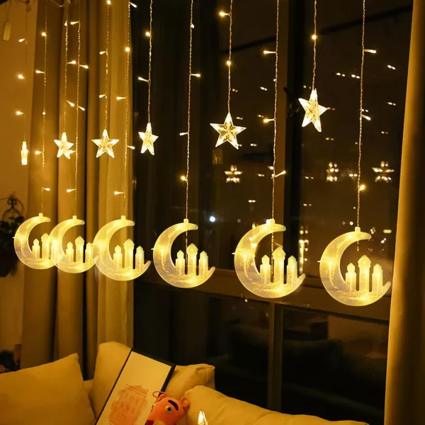 imageDazzle Bright Moon Star and Fairy Tale Castle String Lights 138 LED Muslim Curtain Fairy String Lights 8 Lighting Modes for Home Holiday Ramadan Christmas Wedding Party Xmas Eid DecorationsUSB