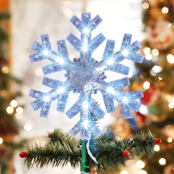 imageDazzle Bright Snowflake Christmas Tree Topper 9 inch Christmas Tree Topper Ornament with 15 White LED Lights Lighted Tree Topper Christmas Decorations for Xmas Indoor Holiday Decor