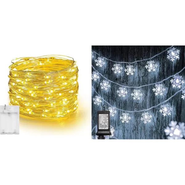 imageDazzle Bright 2 Pack 50 LED 25 FT Christmas Snowflake String Lights  20 FT 60 LED Battery Operated Fairy Lights