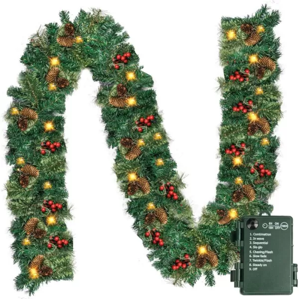 imageDazzle Bright 9 FT Artificial Christmas Garland Prelit with 50 LED Lights Pine Cones and Red Berries with 8 Modes Timer Battery Powered for Front Door Home Office Christmas Decorations