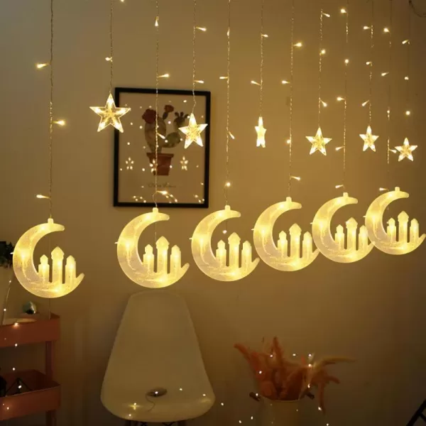 imageDazzle Bright Moon Star and Fairy Tale Castle String Lights 138 LED Muslim Curtain Fairy String Lights 8 Lighting Modes for Home Holiday Ramadan Christmas Wedding Party Xmas Eid DecorationsUSB