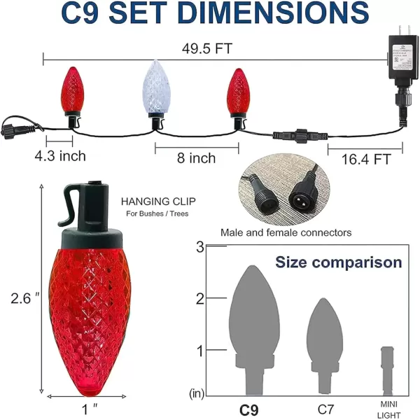 imageDazzle Bright 50 Pack C7 C9 Lights Spring Clips  100 LED Red and White C9 Christmas String Lights