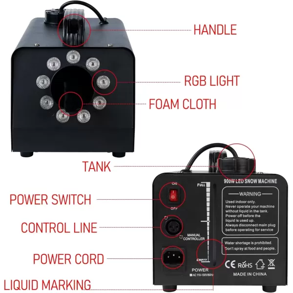 imageDazzle Bright 900W Snow Maker Machine Snowflake Making High Output Fake Snow Machine Remote Control Snowmaker for Outdoor Stage Christmas Parties Indoor