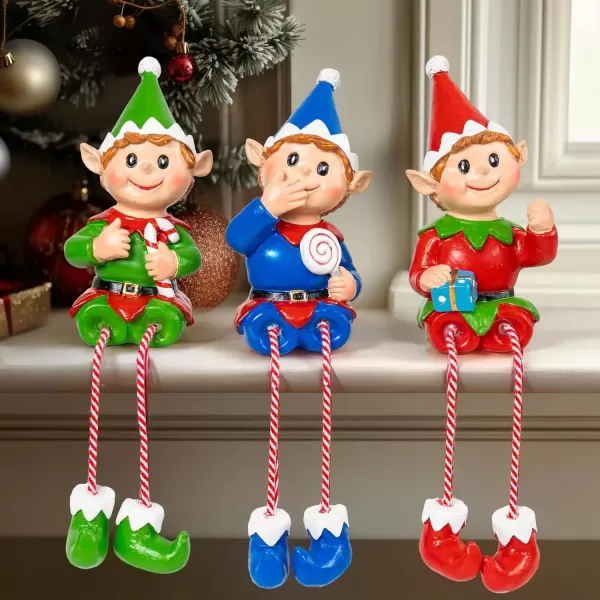 imageDazzle Bright Christmas Elf Figurines Decoration Set of 3 Resin Elf Sitters with Dangling Legs Xmas Table Fireplace Shelf Sitters Decorations Sitting Figurines Ornament for Indoor Home DecorElf