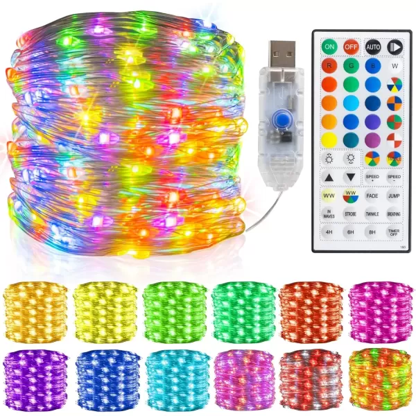 imageDazzle Bright Fairy Lights 66 FT 200 LED USB Power String Lights with Remote 8 Modes Waterproof Copper Wire Lights for Home Indoor Party Tree Yard Christmas Decorations MultiColored100LED RGB