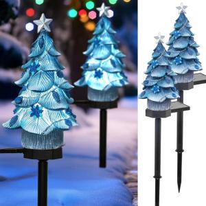 imageDazzle Bright 2 Pack Solar Powered Fairy Garden Green Christmas Tree Pathway Lights Resin Walkway Lights Decorative Stakes Christmas Tree Figure Statue Decorations for Lawn Pathway Xmas Yard GiftsBlue