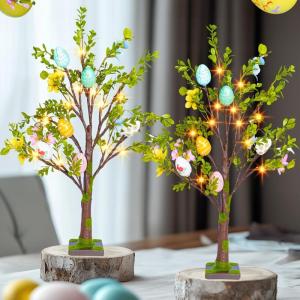 imageDazzle Bright 2 Pack Easter Lighted Tree Decoration 26 Inch 24 LED Battery Operated Prelit Egg Tree with Timer Easter Artificial Tree for Indoor Spring Party Home Tabletop Easter Decor