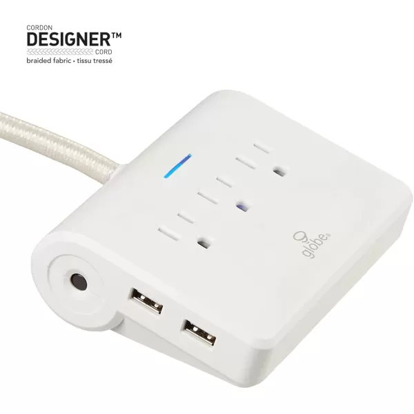 GLOBE Designer Series 3Outlet USB Surge Protector Desktop Power Strip 4x USB Ports 3 Grounded Outlets 6ft Fabric Power Cord Reset Button White Finish78428