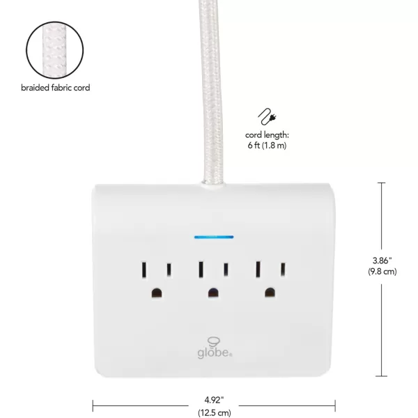 GLOBE Designer Series 3Outlet USB Surge Protector Desktop Power Strip 4x USB Ports 3 Grounded Outlets 6ft Fabric Power Cord Reset Button White Finish78428