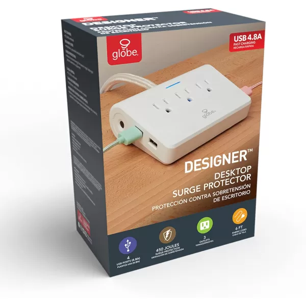 GLOBE Designer Series 3Outlet USB Surge Protector Desktop Power Strip 4x USB Ports 3 Grounded Outlets 6ft Fabric Power Cord Reset Button White Finish78428