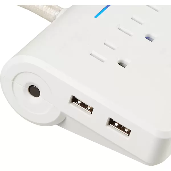 GLOBE Designer Series 3Outlet USB Surge Protector Desktop Power Strip 4x USB Ports 3 Grounded Outlets 6ft Fabric Power Cord Reset Button White Finish78428