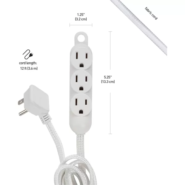 Globe Electric 12ft Light Duty 3Outlet Indoor Extension Cord Grounded Outlets Right Angle Plug White Hanging Hook Designer Fabric Cord 163 SPT3 13AMP White