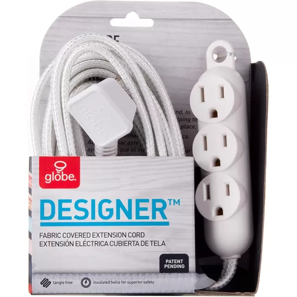 Globe Electric 12ft Light Duty 3Outlet Indoor Extension Cord Grounded Outlets Right Angle Plug White Hanging Hook Designer Fabric Cord 163 SPT3 13AMP White