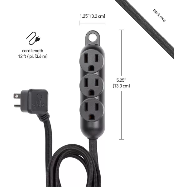 Globe Electric 22785 Designer Series 12ft Fabric Extension Cord 3 Grounded Outlets Right Angle Plug 125Volts Integrated Hanging Hook Black FinishBlack