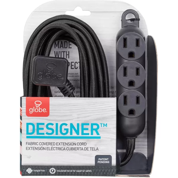 Globe Electric 22785 Designer Series 12ft Fabric Extension Cord 3 Grounded Outlets Right Angle Plug 125Volts Integrated Hanging Hook Black FinishBlack