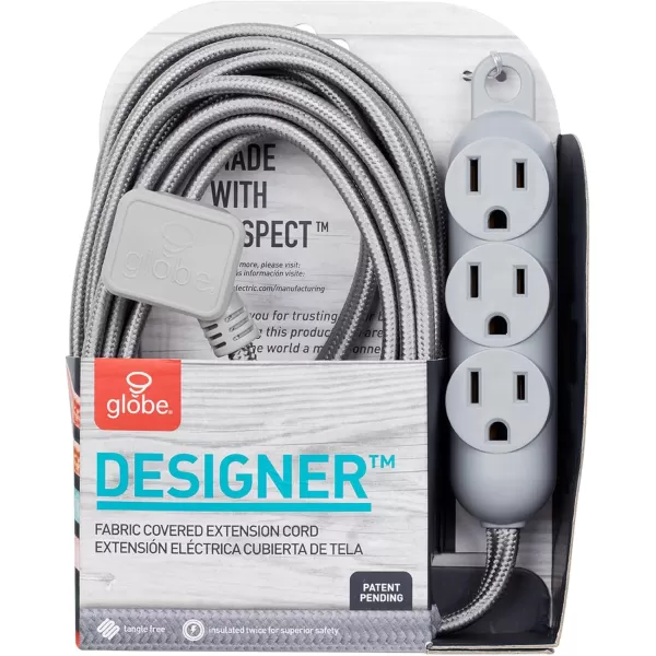 Globe Electric 22785 Designer Series 12ft Fabric Extension Cord 3 Grounded Outlets Right Angle Plug 125Volts Integrated Hanging Hook Black FinishMetallic Gray