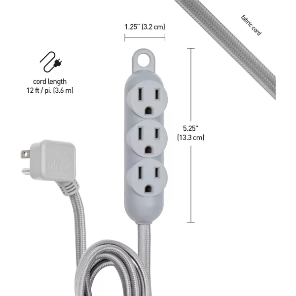 Globe Electric 22785 Designer Series 12ft Fabric Extension Cord 3 Grounded Outlets Right Angle Plug 125Volts Integrated Hanging Hook Black FinishMetallic Gray