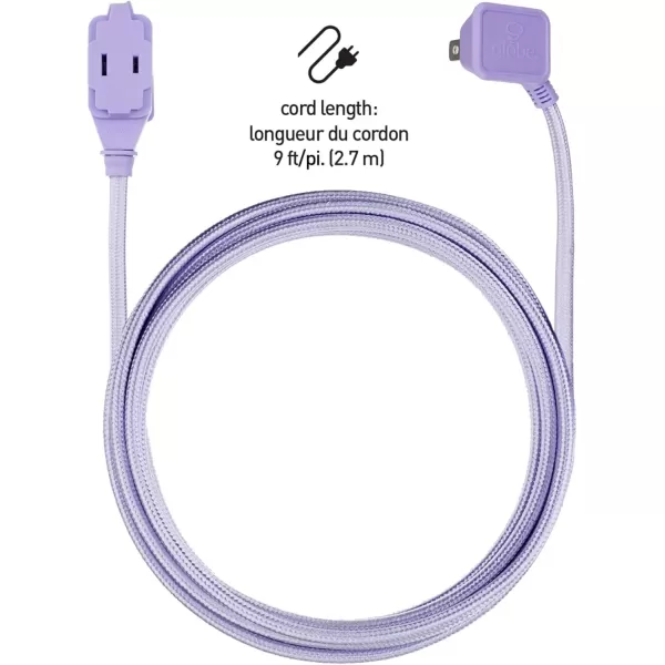 Globe Electric 22814 Designer Series 9ft Fabric Extension Cord 3 Polarized Outlets Right Angle Plug 125 Volts Pale PinkMetallic Purple