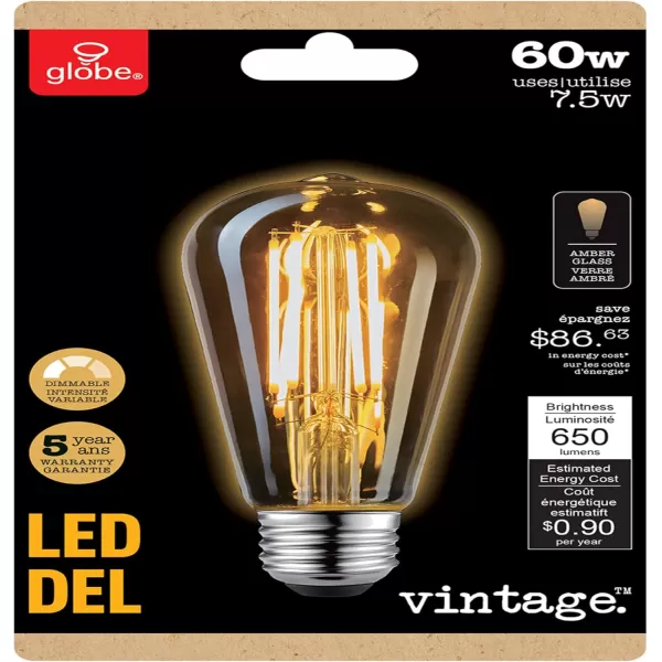 Globe Electric 34838 60W Equivalent Soft White 2150K Vintage Edison ST19 Dimmable LED Light Bulb 4Pack E26 Base 450 Lumens Amber Glass 4 Count Pack of 1 4 Piece4 Count Pack of 1