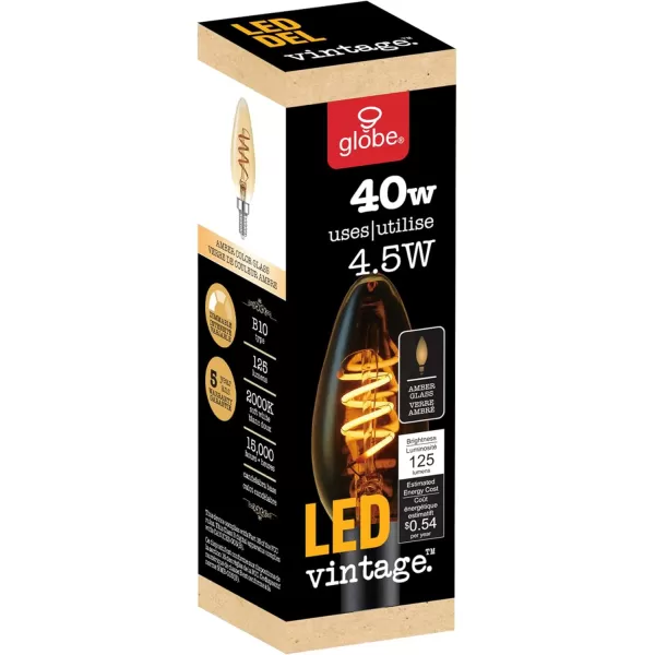 Globe Electric 40W Equivalent Soft White 2000K Edison Candelabra Amber Glass Dimmable LED Light Bulb 31355 1Pack B10 VintageB10 Vintage