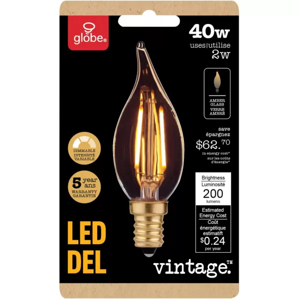 Globe Electric 40W Equivalent Soft White 2200K Vintage Edison Candelabra Dimmable LED Light Bulb E12 Base 200 Lumens 73191 1 Pack Yellow1 Pack