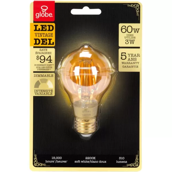 Globe Electric 40W Equivalent Soft White 2200K Vintage Edison Candelabra Dimmable LED Light Bulb E12 Base 200 Lumens 73191 1 Pack Yellow1 Pack