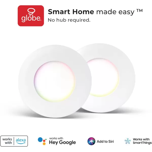 Globe Electric 50466 WiFi Smart 3quot Ultra Slim LED Recessed Lighting Kit 2Pack No Hub Required Voice Activated 7 W Multicolor Changing RGB Tunable White 2000K  5000K 390 Lumens Wet Rated