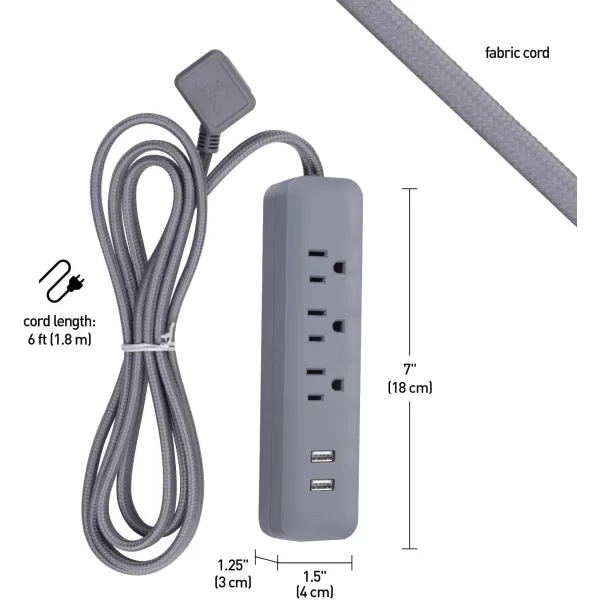 Globe Electric 78252 Designer Series 6ft 3Outlet USB Surge Protector Power Strip 2x USB Ports Surge Protector Gray FinishGray