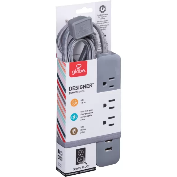 Globe Electric 78252 Designer Series 6ft 3Outlet USB Surge Protector Power Strip 2x USB Ports Surge Protector Gray FinishGray