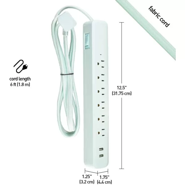 Globe Electric 78252 Designer Series 6ft 3Outlet USB Surge Protector Power Strip 2x USB Ports Surge Protector Gray FinishMint